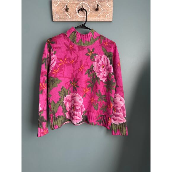 Northern Isles Pink Floral Wool Blend Mock Neck Sweater - Picture 1 of 6